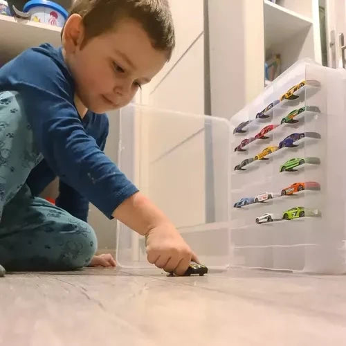 Auto-Koffer für 46 Spielzeugautos doppelseitig 46 Fächer Kunststoffbox PP klar