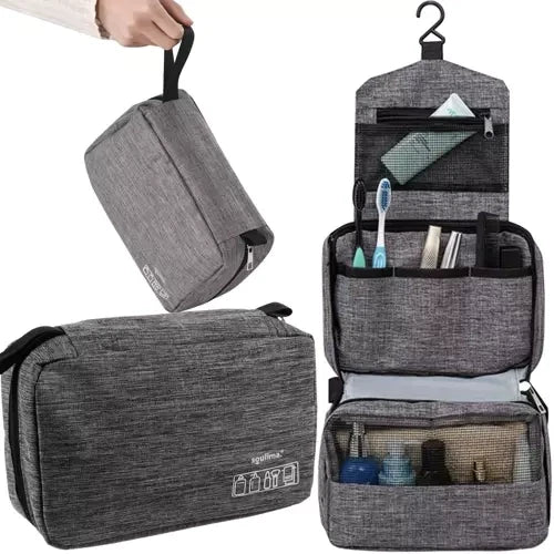 Kosmetiktasche Herren hängend mit Haken wasserdicht 3 Fächer grau Nylon Reise