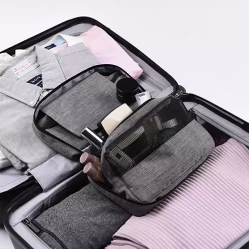 Kosmetiktasche Herren hängend mit Haken wasserdicht 3 Fächer grau Nylon Reise
