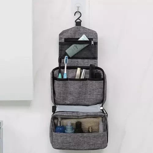 Kosmetiktasche Herren hängend mit Haken wasserdicht 3 Fächer grau Nylon Reise