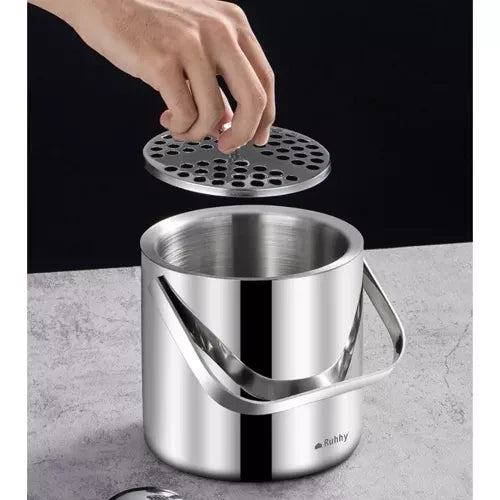 Doppelwandiger Eiskübel für Eiswürfel 1,3 Liter mit Deckel Zange Sieb Löffel Flaschenkühler-Set für Getränke Edehlstahl 21159