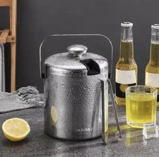 Doppelwandiger Eiskübel für Eiswürfel 1,3 Liter mit Deckel Zange Sieb Löffel Flaschenkühler-Set für Getränke Edehlstahl 21159
