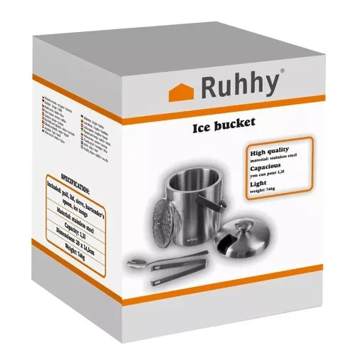 Doppelwandiger Eiskübel für Eiswürfel 1,3 Liter mit Deckel Zange Sieb Löffel Flaschenkühler-Set für Getränke Edehlstahl 21159