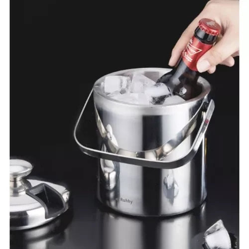 Doppelwandiger Eiskübel für Eiswürfel 1,3 Liter mit Deckel Zange Sieb Löffel Flaschenkühler-Set für Getränke Edehlstahl 21159