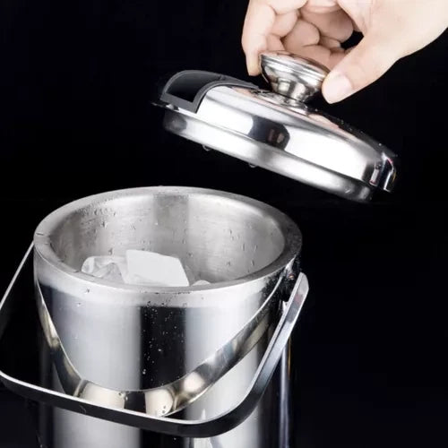 Doppelwandiger Eiskübel für Eiswürfel 1,3 Liter mit Deckel Zange Sieb Löffel Flaschenkühler-Set für Getränke Edehlstahl 21159