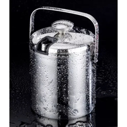 Doppelwandiger Eiskübel für Eiswürfel 1,3 Liter mit Deckel Zange Sieb Löffel Flaschenkühler-Set für Getränke Edehlstahl 21159