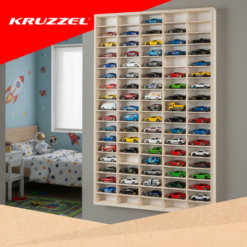 Holzregal Spielzeugautos 90 Fächer Naturholz Wandregal Organizer 78,5 x 50 cm