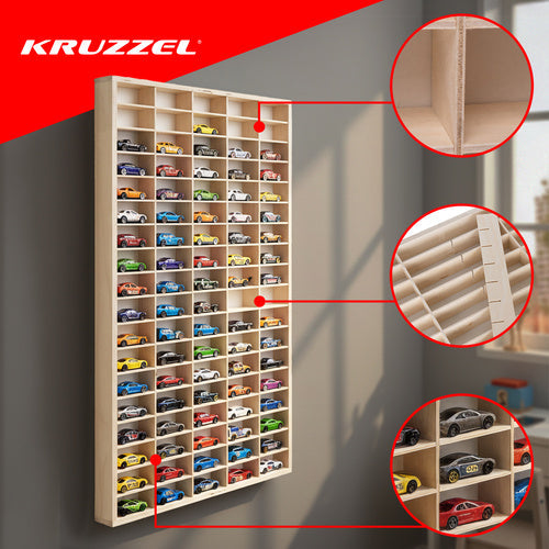 Holzregal Spielzeugautos 90 Fächer Naturholz Wandregal Organizer 78,5 x 50 cm