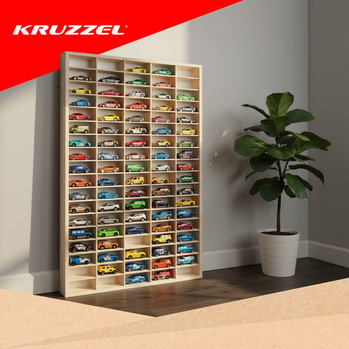 Holzregal Spielzeugautos 90 Fächer Naturholz Wandregal Organizer 78,5 x 50 cm