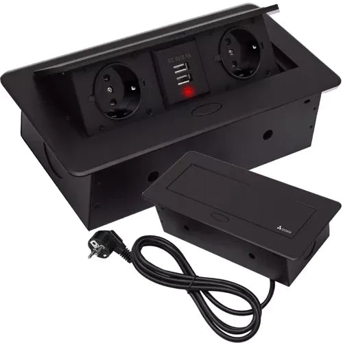 Einbausteckdose 2-fach Schuko 2x USB Tischplatte Schwarz Aluminium 230V EU