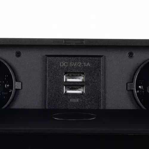 Einbausteckdose 2-fach Schuko 2x USB Tischplatte Schwarz Aluminium 230V EU