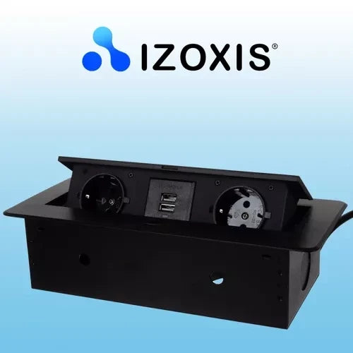 Einbausteckdose 2-fach Schuko 2x USB Tischplatte Schwarz Aluminium 230V EU