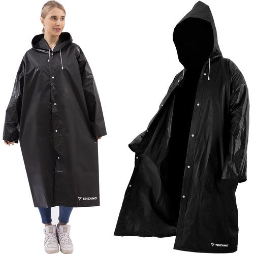 Regenmantel mit Kaputze Kordelzug Druckknöpfe Wasserdicht Lang Schwarz für Damen und Herren Einheitsgöße 21840
