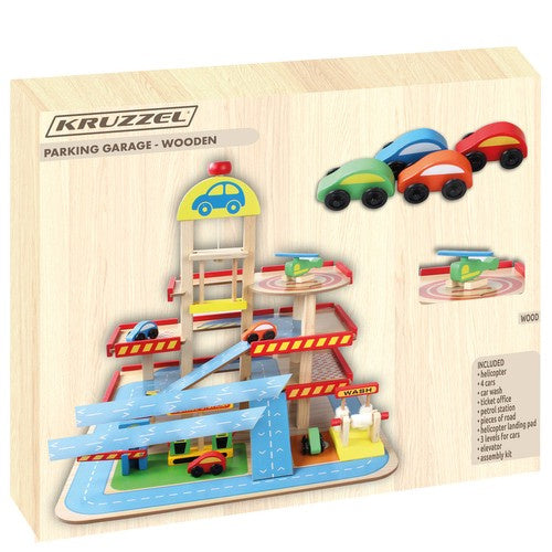Holzparkhaus Kinder Garage Parkplatz mit Aufzug 4 Autos Helikopter 40x50,5 cm