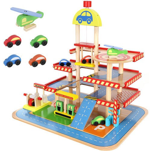 Holzparkhaus Kinder Garage Parkplatz mit Aufzug 4 Autos Helikopter 40x50,5 cm
