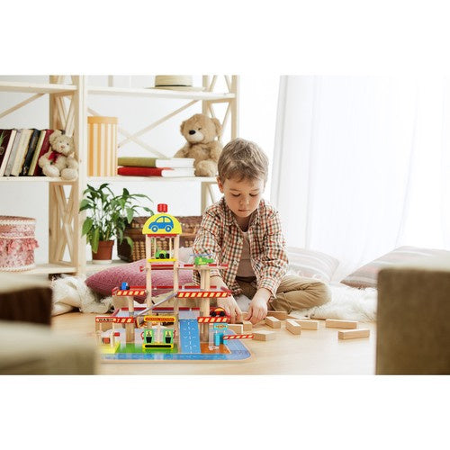 Holzparkhaus Kinder Garage Parkplatz mit Aufzug 4 Autos Helikopter 40x50,5 cm