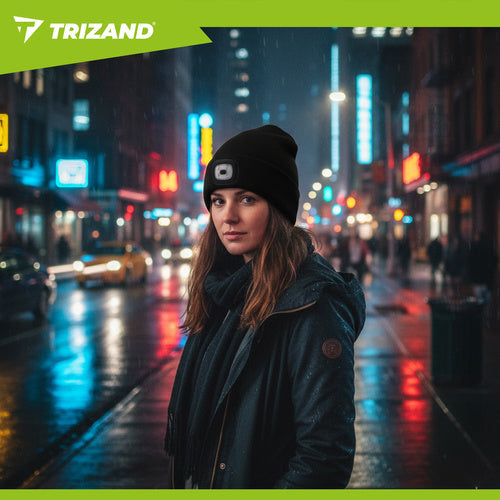 Beanie Mütze mit LED Stirnlampe USB aufladbar 4 LED Wintermütze Schwarz Uni