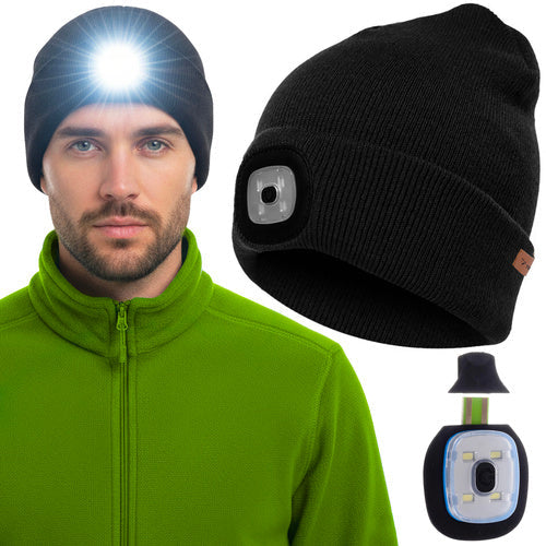Beanie Mütze mit LED Stirnlampe USB aufladbar 4 LED Wintermütze Schwarz Uni