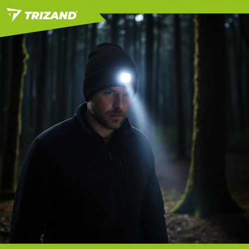 Beanie Mütze mit LED Stirnlampe USB aufladbar 4 LED Wintermütze Schwarz Uni