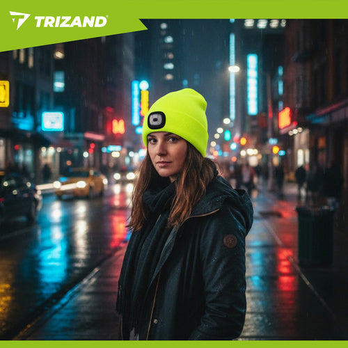 Beanie Mütze Stirnlampe USB aufladbar 4 LED Wintermütze Unisex Acryl neongelb
