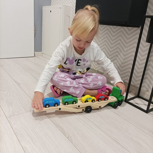 Autotransporter aus Holz mit 4 Autos faltbarem Anhänger Set für Kinder Spielzeug