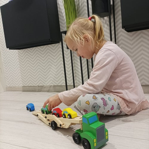 Autotransporter aus Holz mit 4 Autos faltbarem Anhänger Set für Kinder Spielzeug