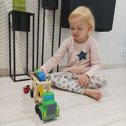 Autotransporter aus Holz mit 4 Autos faltbarem Anhänger Set für Kinder Spielzeug