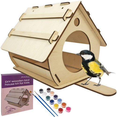 Vogelfutterhaus Holz DIY Bausatz Set zum Bemalen mit 12 Farben und 2 Pinseln