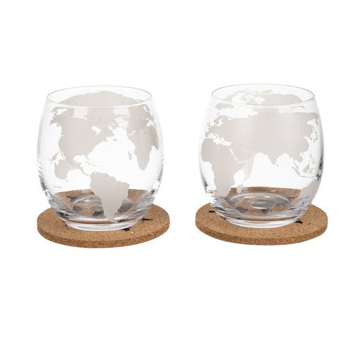 Whisky Karaffe Globus Set mit 2 Gläsern 850 ml Steinkühlwürfeln Holzständer