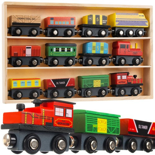 Holzeisenbahn Magnetbahn Holz Zugset 3 Lokomotiven 9 Waggons Organizer Regal