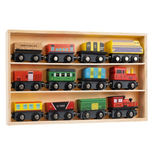 Holzeisenbahn Magnetbahn Holz Zugset 3 Lokomotiven 9 Waggons Organizer Regal