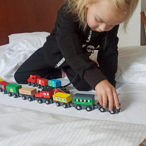 Holzeisenbahn Magnetbahn Holz Zugset 3 Lokomotiven 9 Waggons Organizer Regal