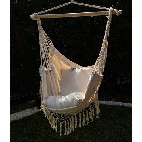 Hängesessel Beige Brasilianisch mit 2 Kissen Holz-Querstange Baumwolle Polyester