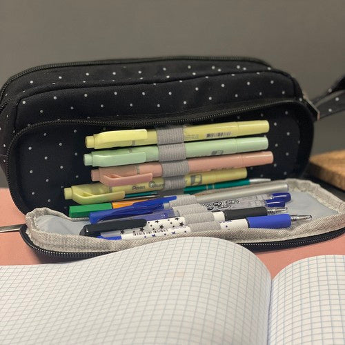 Federmäppchen Schwarz mit weißen Punkten 3 Fächer Griff Schule Büro Kinder 24 cm