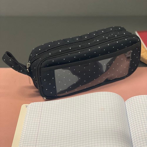 Federmäppchen Schwarz mit weißen Punkten 3 Fächer Griff Schule Büro Kinder 24 cm