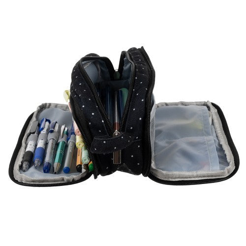 Federmäppchen Schwarz mit weißen Punkten 3 Fächer Griff Schule Büro Kinder 24 cm