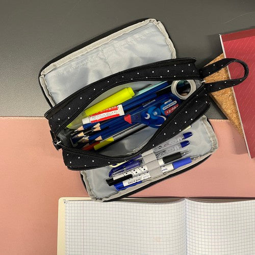 Federmäppchen Schwarz mit weißen Punkten 3 Fächer Griff Schule Büro Kinder 24 cm