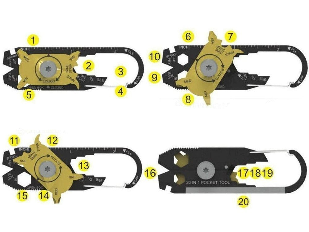 Karabiner Multitool Schlüsselanhänger 20in1 Edelstahl 8 cm 20 Funktionen Set