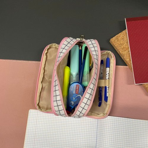 3 - Fächer Federmäppchen erweiterbar für Schule und Büro – kariert - Easy2sell - Deluxe