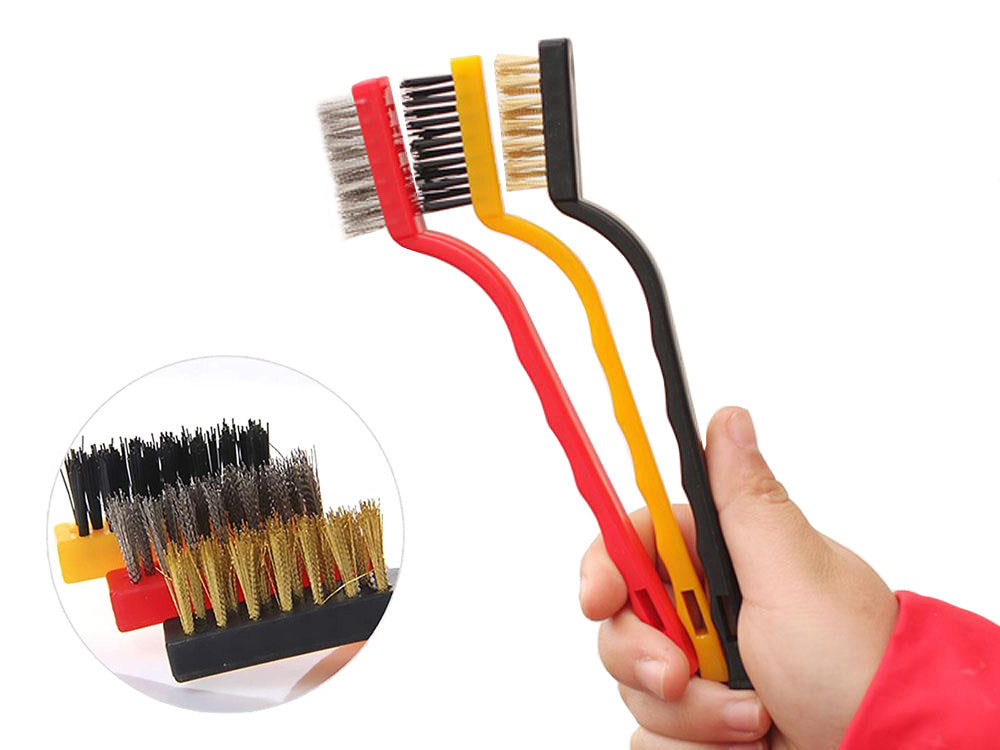 3-teiliges Drahtbürsten-Set, Stahl, Nylon, Messing, ergonomischer Kunststoffgriff, 16 cm