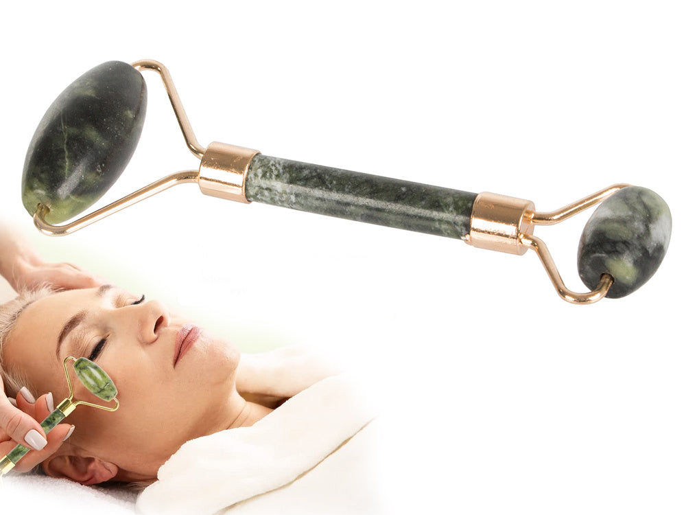 Jade Roller Gesichtsmassagegerät für Gesicht und Hals aus Jadestein grün Set