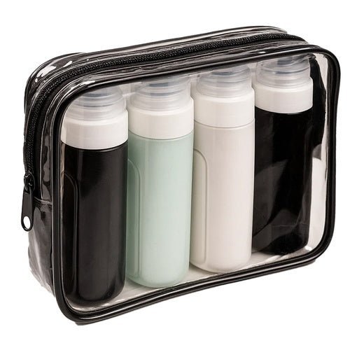 4 Reise - Kosmetikflaschen mit Kosmetiktasche, wasserdicht, schwarz - transparent - Easy2sell - Deluxe