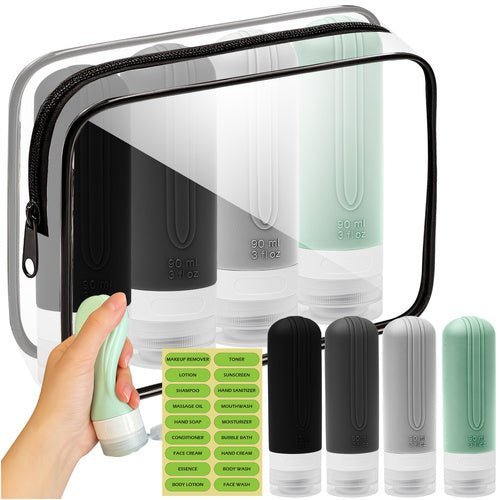 4 Reise - Kosmetikflaschen mit Kosmetiktasche, wasserdicht, schwarz - transparent - Easy2sell - Deluxe