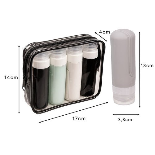 4 Reise - Kosmetikflaschen mit Kosmetiktasche, wasserdicht, schwarz - transparent - Easy2sell - Deluxe