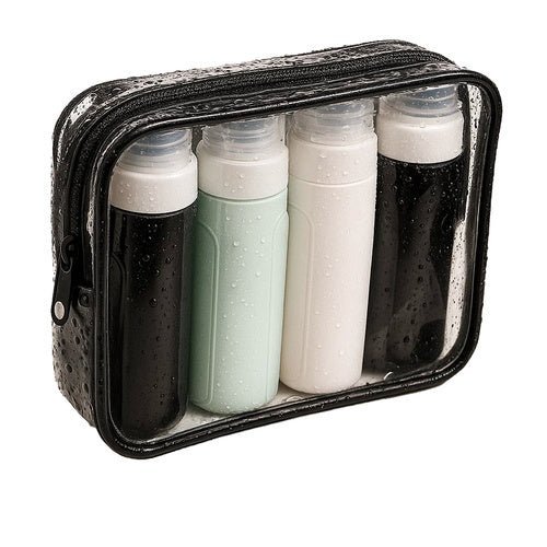 4 Reise - Kosmetikflaschen mit Kosmetiktasche, wasserdicht, schwarz - transparent - Easy2sell - Deluxe