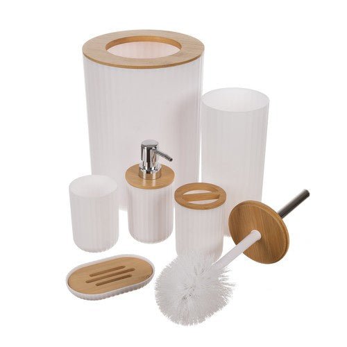 6 - teiliges Badezimmerzubehör - Set mit Bambusdetails - weiß - Easy2sell - Deluxe