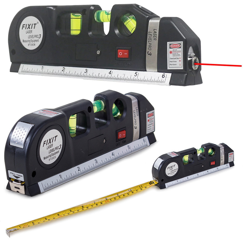 Laser-Wasserwaage mit Laser Lineal Rollmaßband 250 cm 3 Libellen schwarz CE
