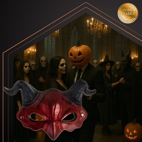 Dämonenmaske mit Hörnern für Halloween und Cosplay – Rot Schwarz, 3D - Optik - Easy2sell - Deluxe