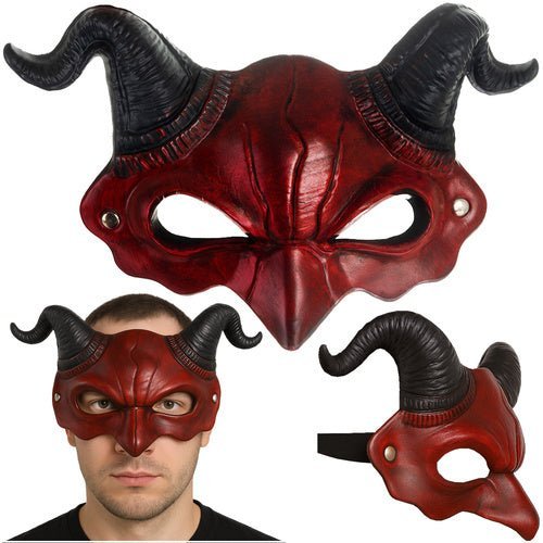 Dämonenmaske mit Hörnern für Halloween und Cosplay – Rot Schwarz, 3D - Optik - Easy2sell - Deluxe