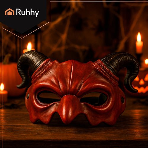 Dämonenmaske mit Hörnern für Halloween und Cosplay – Rot Schwarz, 3D - Optik - Easy2sell - Deluxe